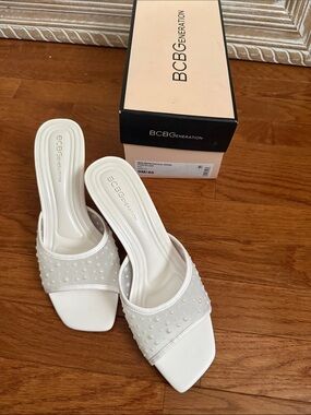 BCBGeneration Pearl-Studded White Slide Mules
